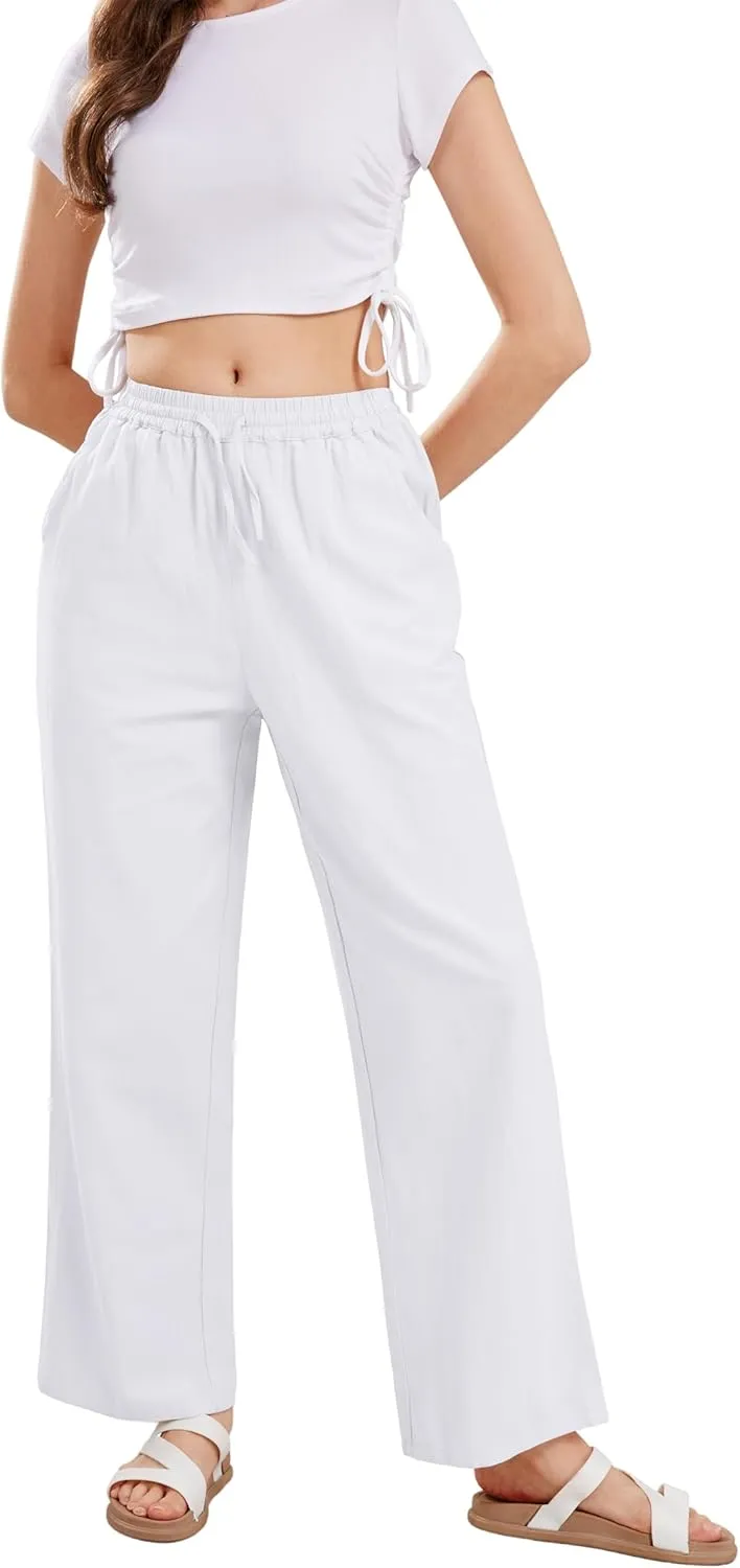 CHARTOU Women's Summer Drawstring Waist Wide Leg Loose Cotton Linen Palazzo Pants