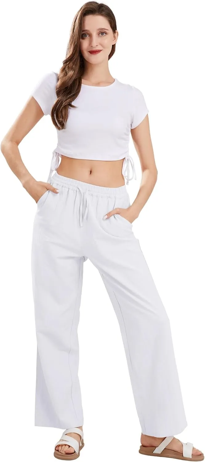CHARTOU Women's Summer Drawstring Waist Wide Leg Loose Cotton Linen Palazzo Pants