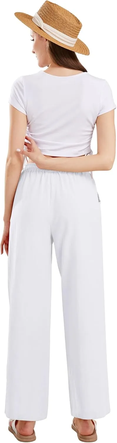 CHARTOU Women's Summer Drawstring Waist Wide Leg Loose Cotton Linen Palazzo Pants