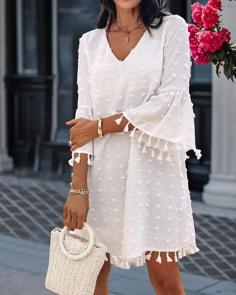 CHICME Women's 2025 Summer Dress Swiss Dot V Neck Bell Sleeve Shift Dress Casual Flowy Mini Dresses