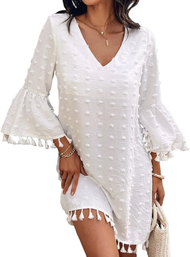 CHICME Women's 2025 Summer Dress Swiss Dot V Neck Bell Sleeve Shift Dress Casual Flowy Mini Dresses