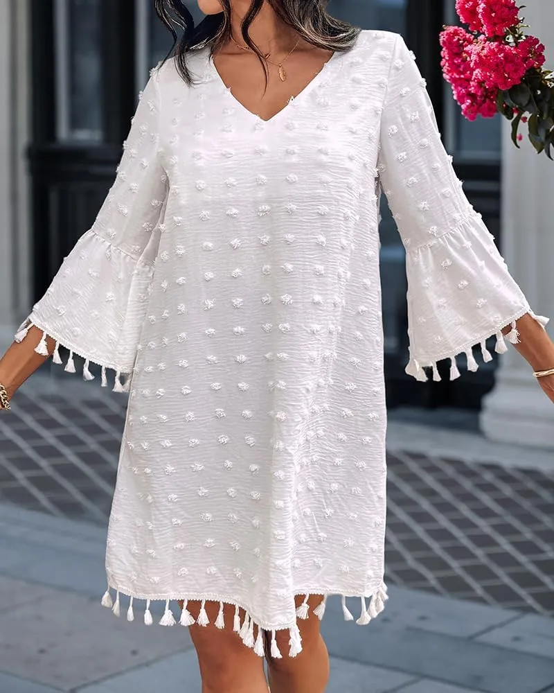 CHICME Women's 2025 Summer Dress Swiss Dot V Neck Bell Sleeve Shift Dress Casual Flowy Mini Dresses