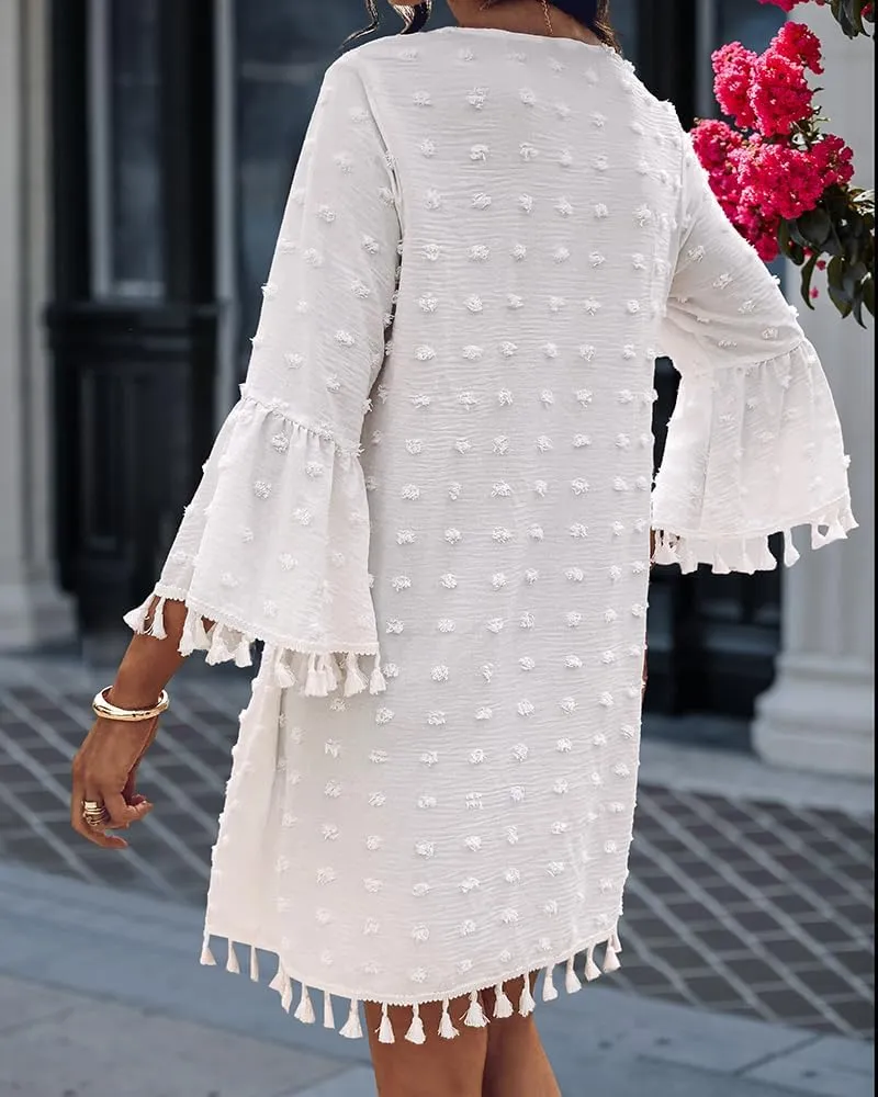 CHICME Women's 2025 Summer Dress Swiss Dot V Neck Bell Sleeve Shift Dress Casual Flowy Mini Dresses