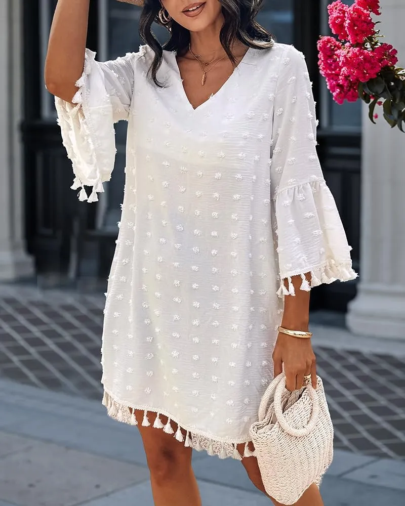 CHICME Women's 2025 Summer Dress Swiss Dot V Neck Bell Sleeve Shift Dress Casual Flowy Mini Dresses
