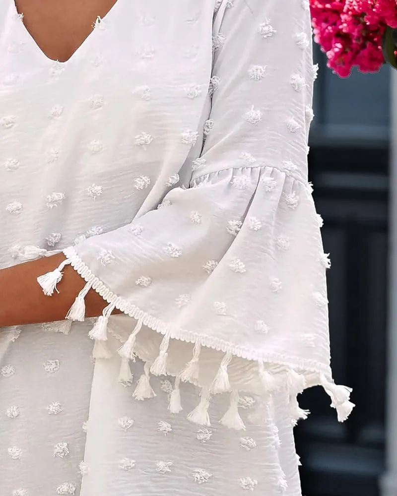 CHICME Women's 2025 Summer Dress Swiss Dot V Neck Bell Sleeve Shift Dress Casual Flowy Mini Dresses