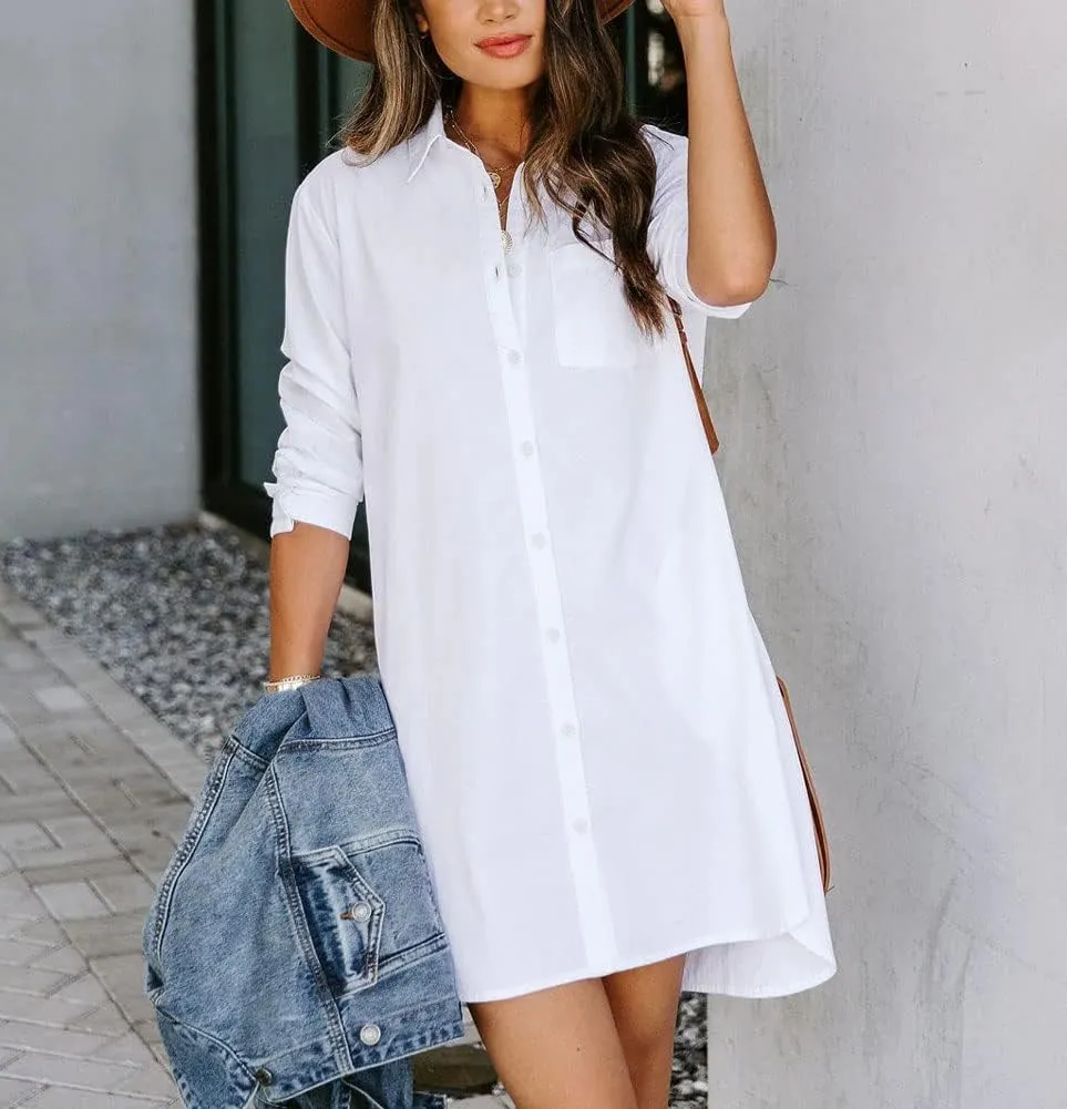 chouyatou Women's Casual Loose Fit Long Sleeve Solid Striped Button Down Shirts Dresses