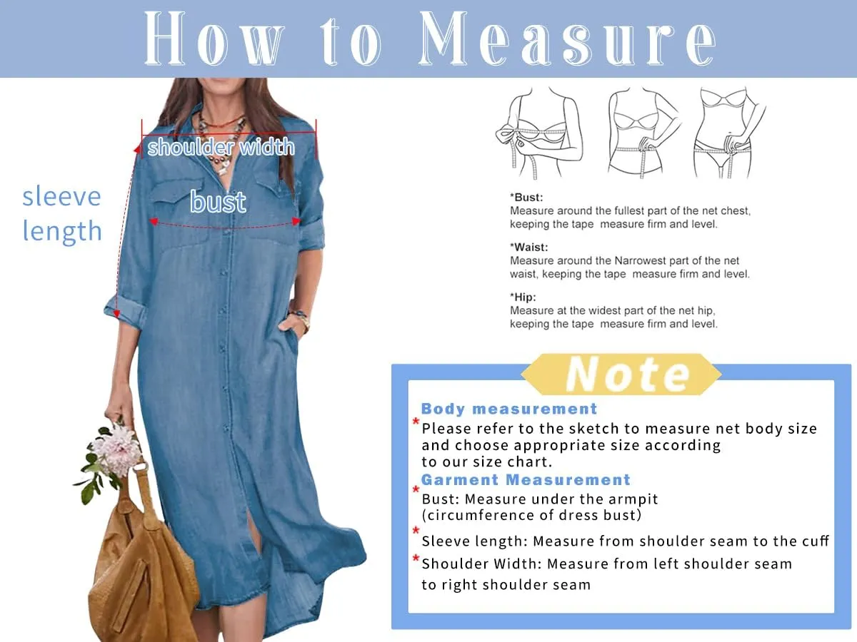 chouyatou Women's Summer Casual Denim Shirt Dress Roll Up Long Sleeve Loose Maxi Shift Jean Dress