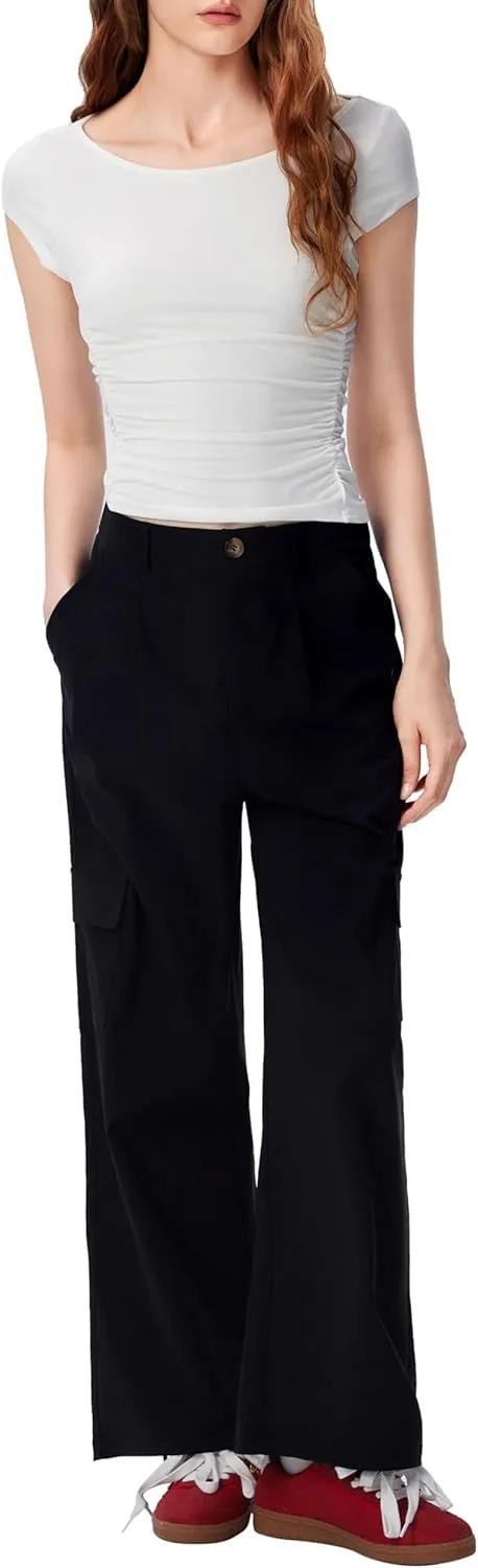 CIDER Women Wide Leg Pants Button Fly Business Casual Pants Bottoms with Pockets