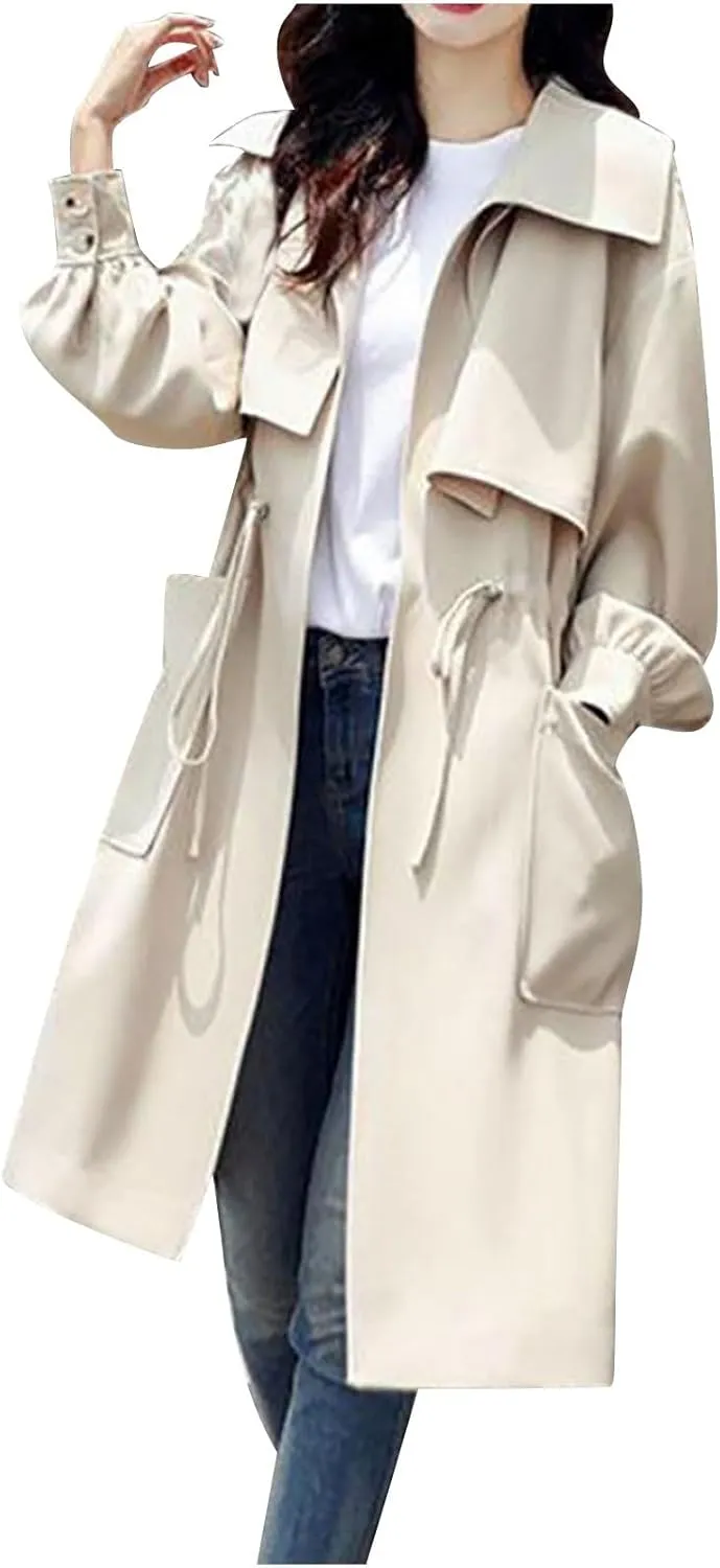 Coats for Women Trendy Lapel Collar Peacoat Fall Drawstring Waist Soild Trench Coat Light Thin Long Pea Coat Overcoat