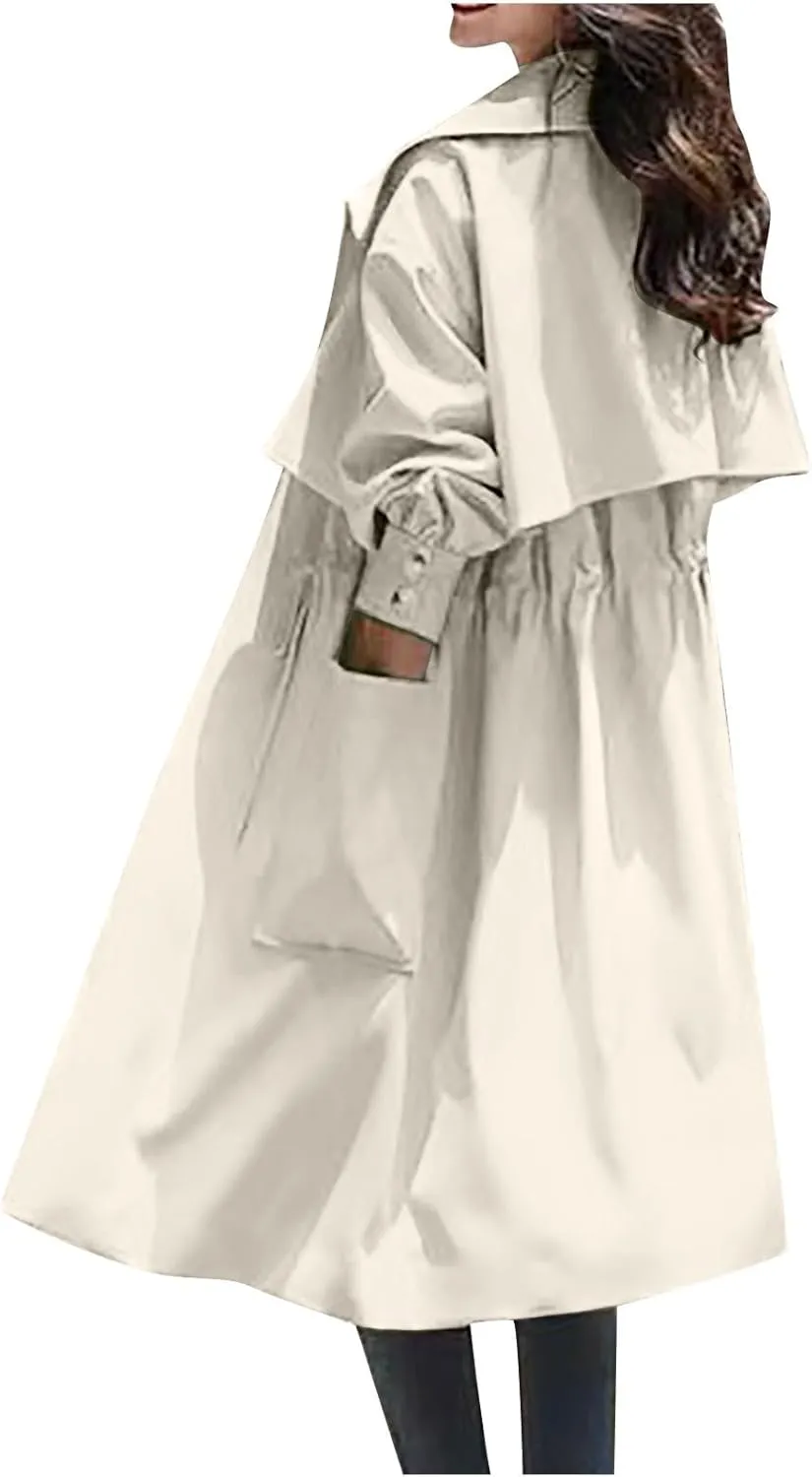 Coats for Women Trendy Lapel Collar Peacoat Fall Drawstring Waist Soild Trench Coat Light Thin Long Pea Coat Overcoat
