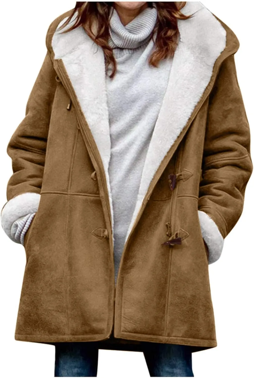 cooki Winter Coats for Women 2023 Warm Sherpa Fleece Lined Distressed Jackets Hooded Parka Faux Suede Peacoat Outerwear