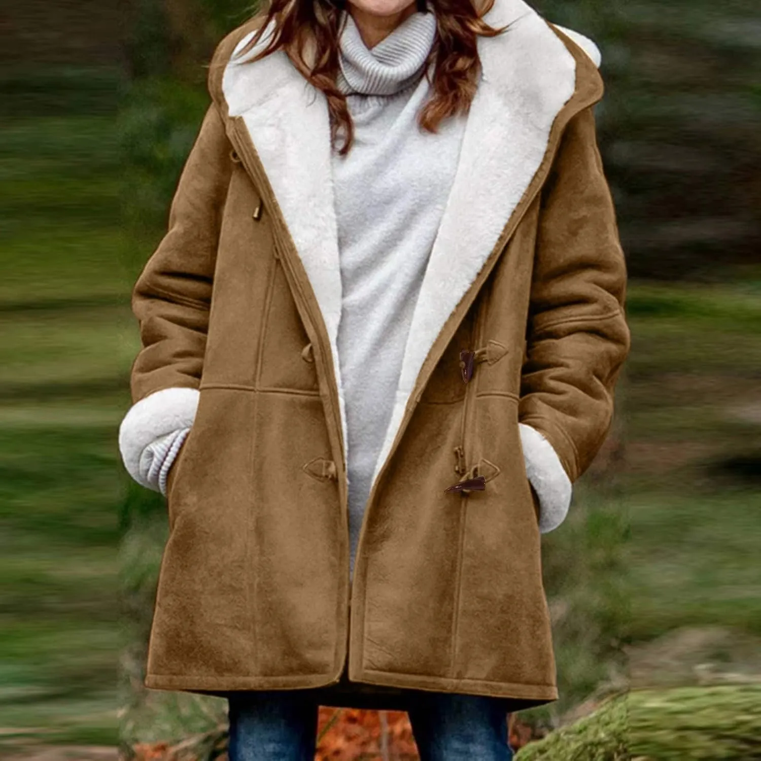 cooki Winter Coats for Women 2023 Warm Sherpa Fleece Lined Distressed Jackets Hooded Parka Faux Suede Peacoat Outerwear