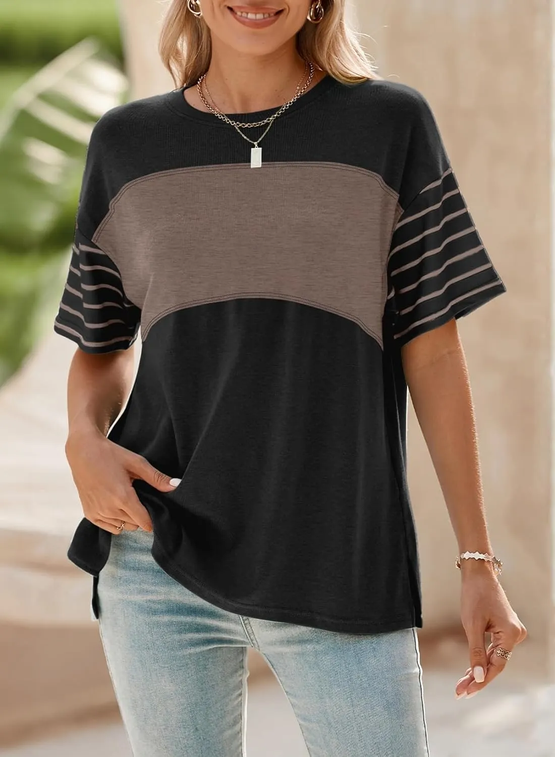 Dokotoo Summer Tops Trendy Oversized 2025 Crewneck Casual Color Block Striped Womens Shirts Blouses