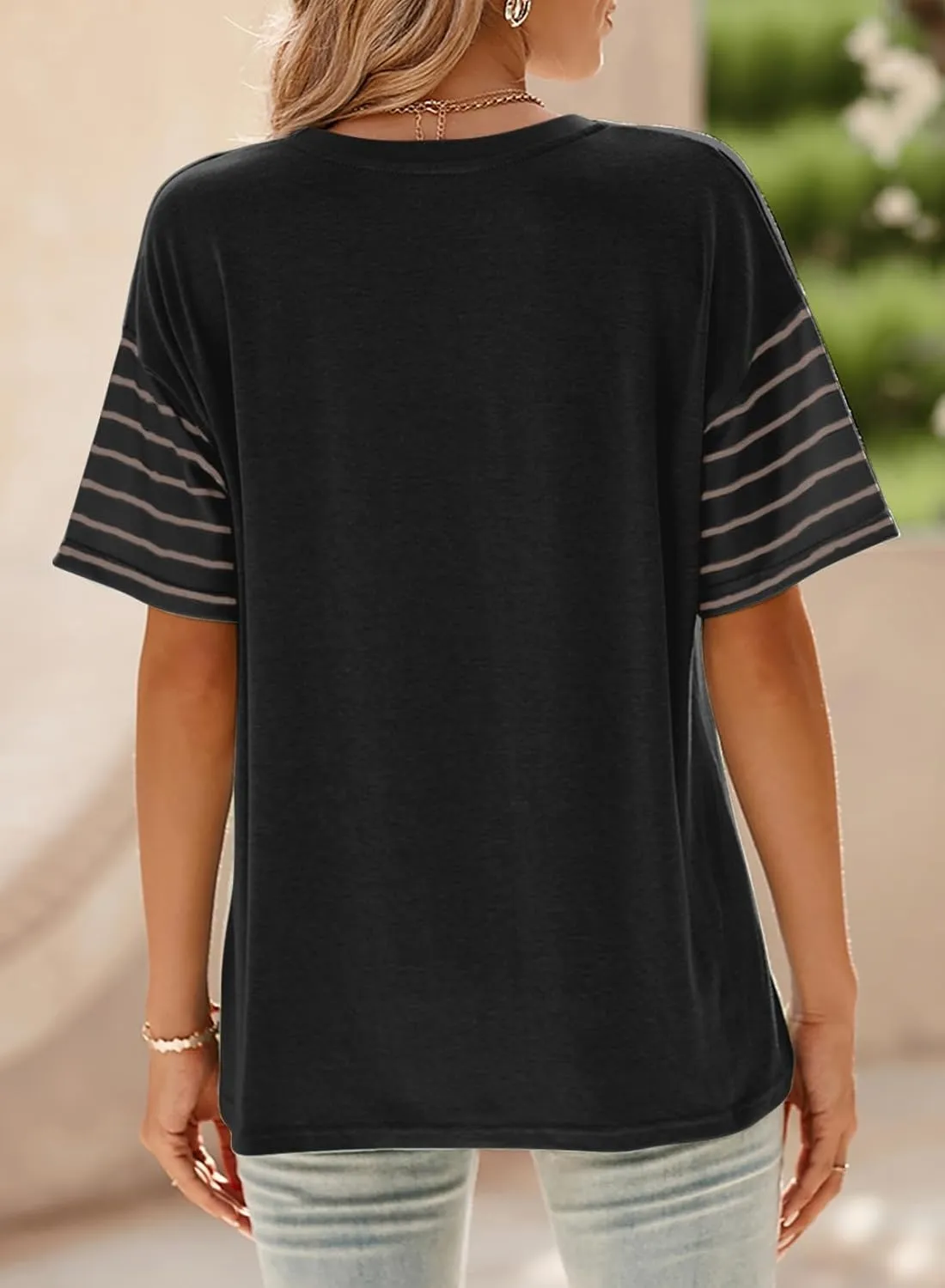 Dokotoo Summer Tops Trendy Oversized 2025 Crewneck Casual Color Block Striped Womens Shirts Blouses
