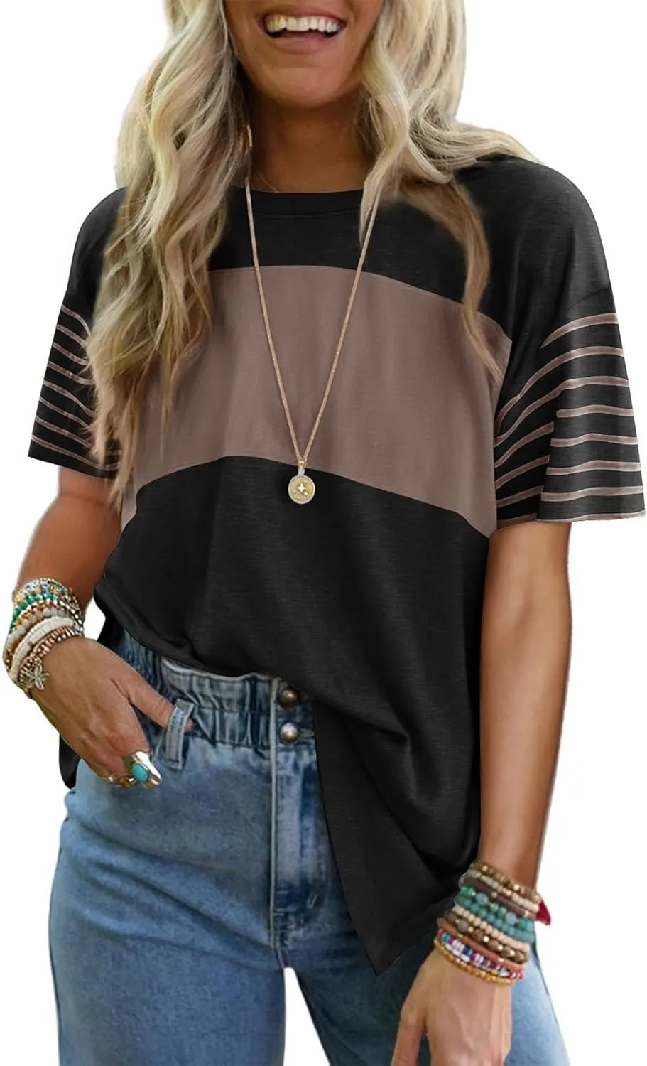 Dokotoo Summer Tops Trendy Oversized 2025 Crewneck Casual Color Block Striped Womens Shirts Blouses