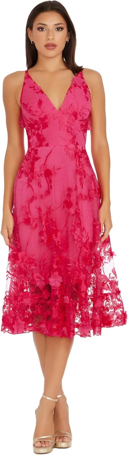 Dress the Population Women's Audrey Spaghetti Strap Midi A-line 3D Floral Dress
