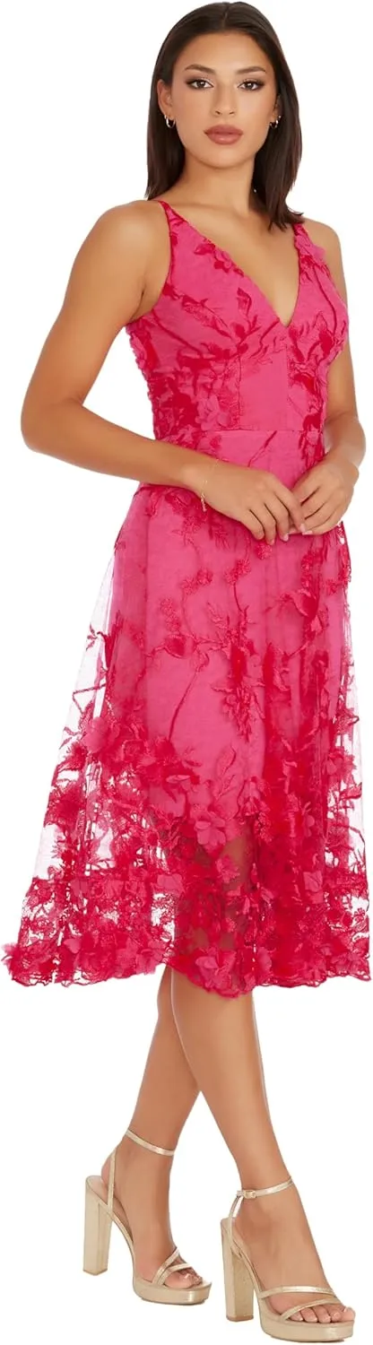 Dress the Population Women's Audrey Spaghetti Strap Midi A-line 3D Floral Dress