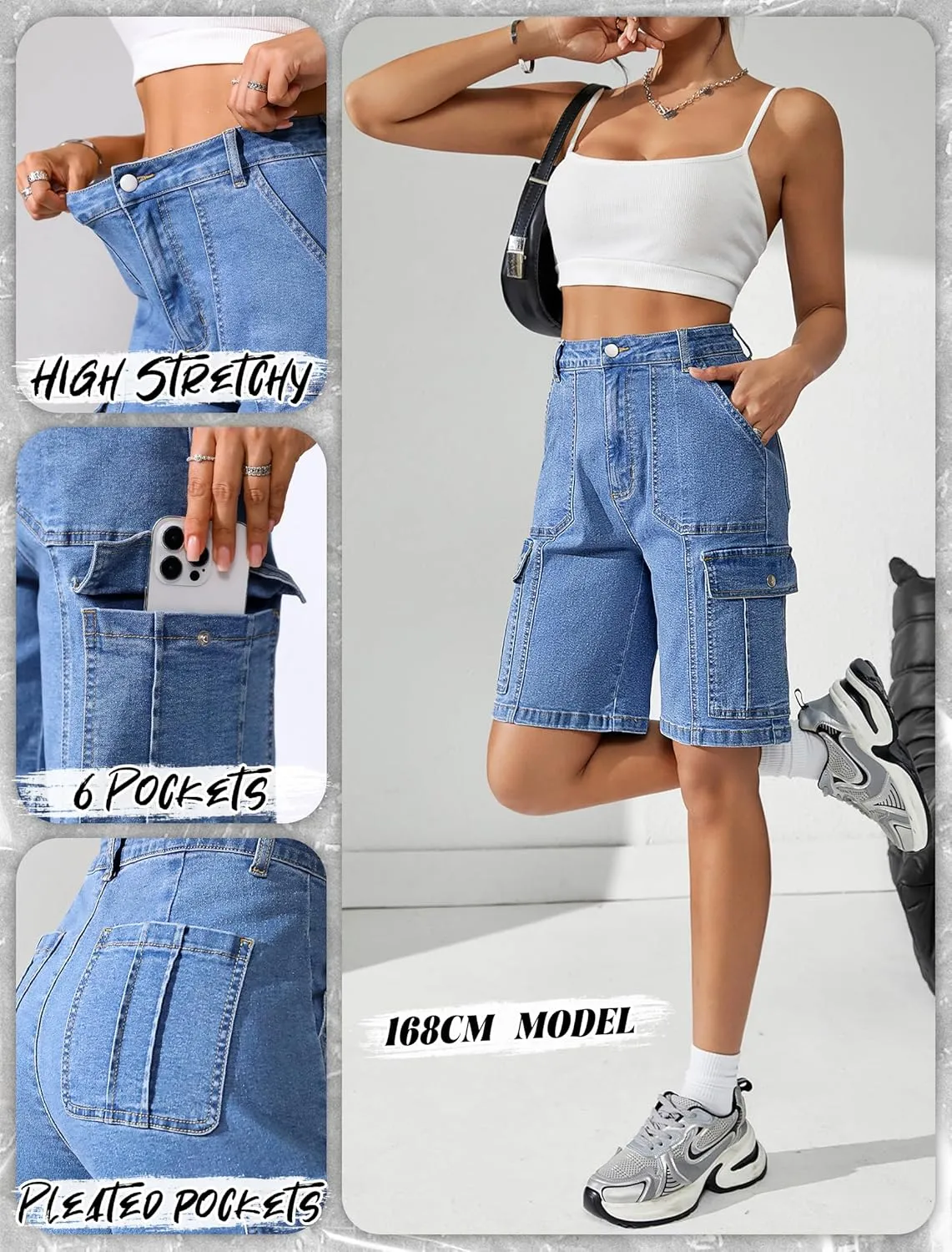 Eddoyee Bermuda Cargo Shorts for Women Stretchy High Waisted 6 Pockets Long Shorts Knee Length