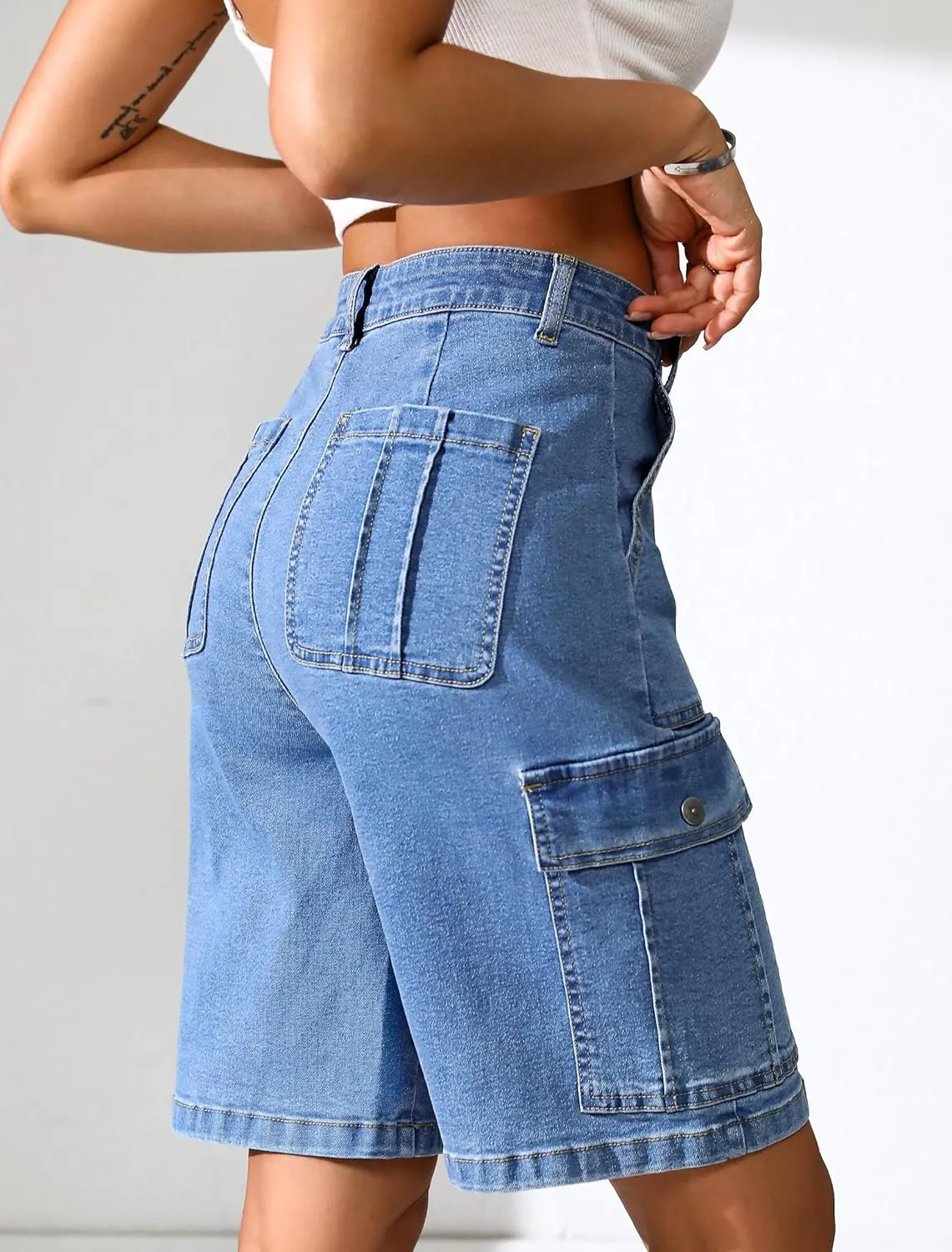 Eddoyee Bermuda Cargo Shorts for Women Stretchy High Waisted 6 Pockets Long Shorts Knee Length