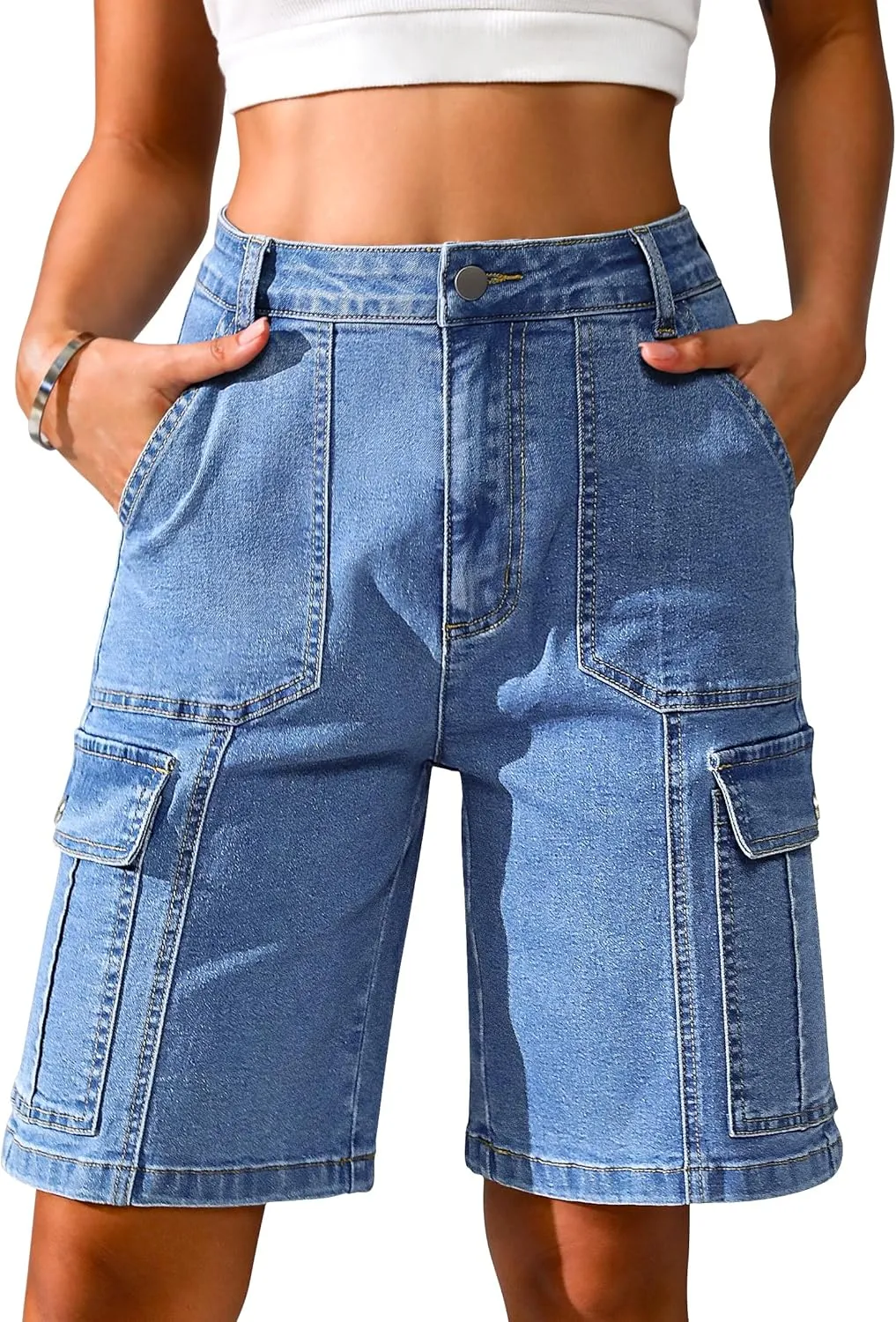 Eddoyee Bermuda Cargo Shorts for Women Stretchy High Waisted 6 Pockets Long Shorts Knee Length