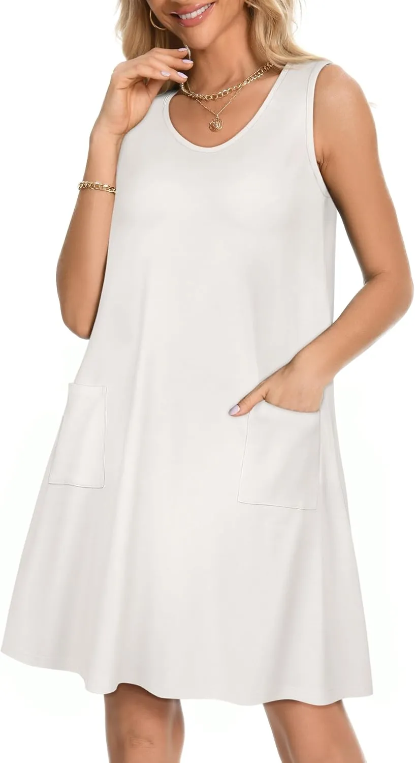 elescat Womens Summer Dresses Casual V Neck Sleeveless Pockets Beach Loose Tank Sundress