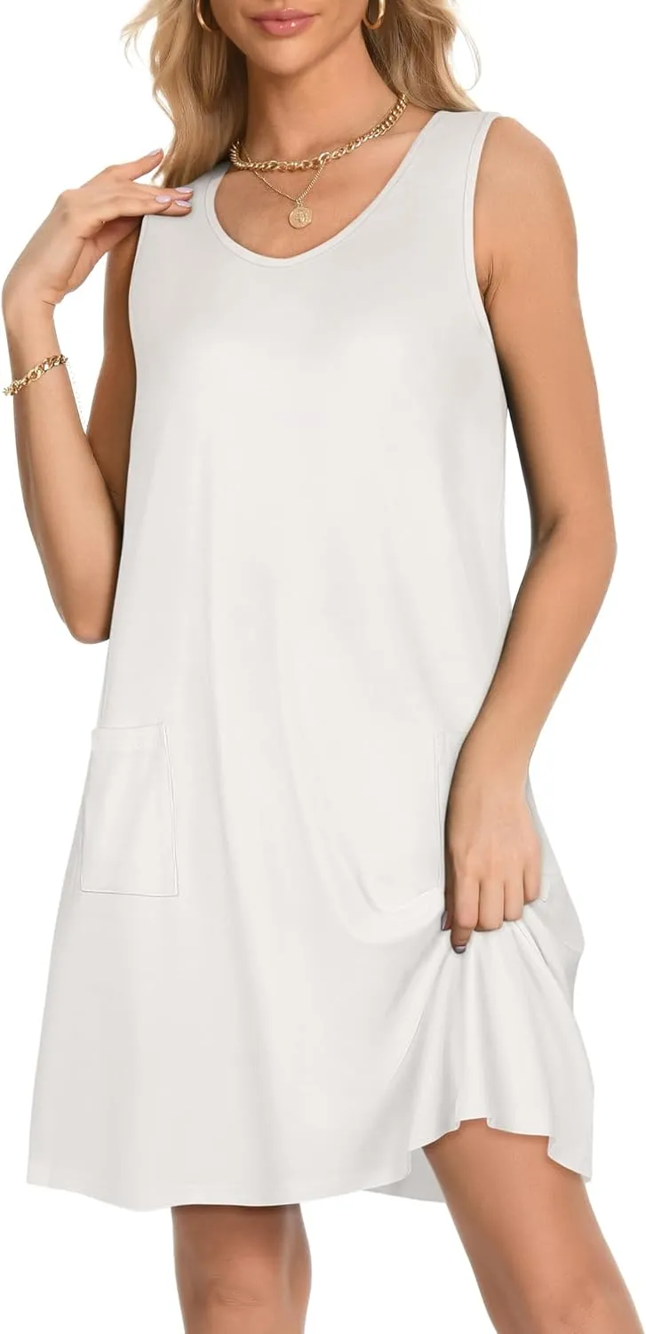 elescat Womens Summer Dresses Casual V Neck Sleeveless Pockets Beach Loose Tank Sundress