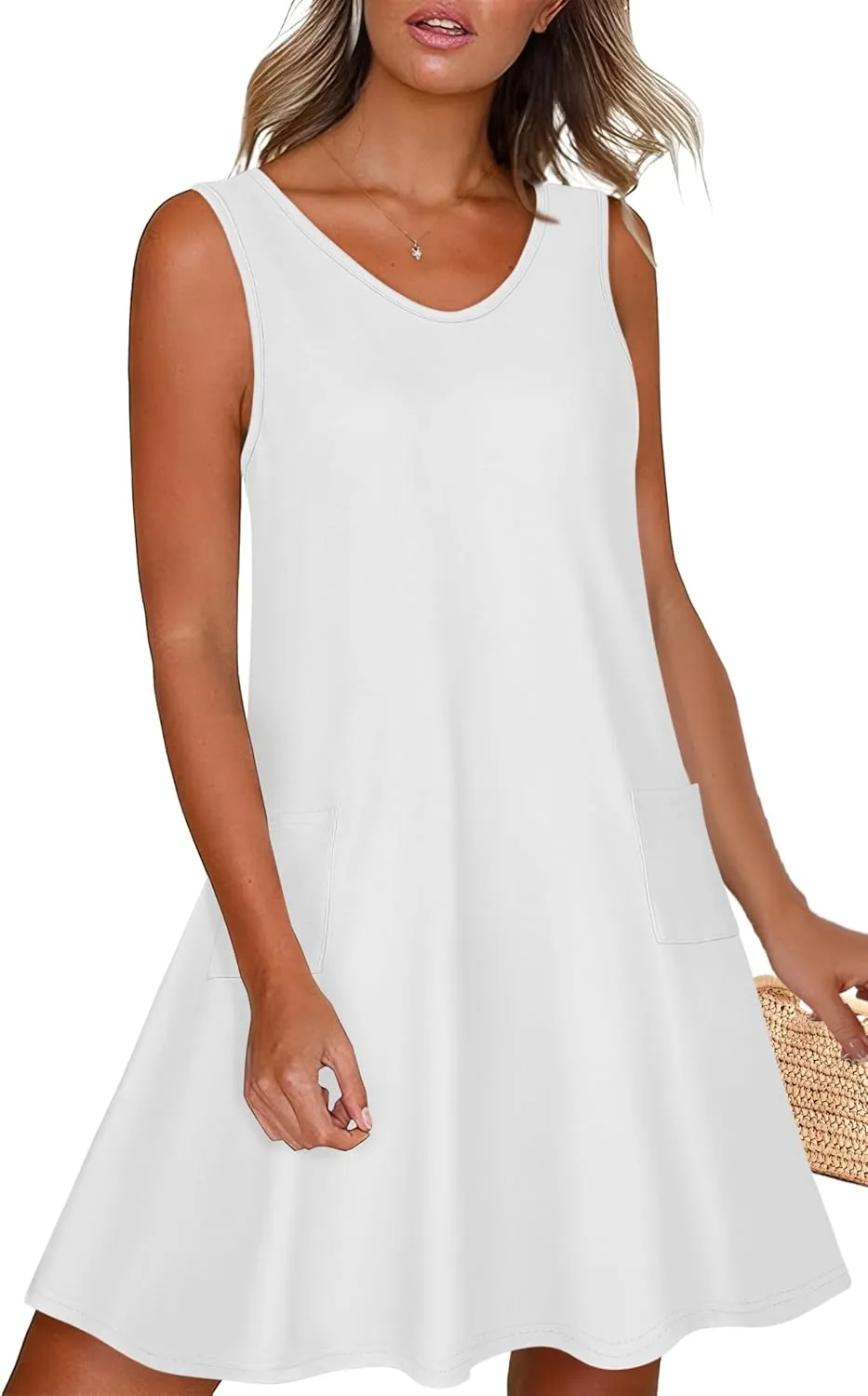 elescat Womens Summer Dresses Casual V Neck Sleeveless Pockets Beach Loose Tank Sundress