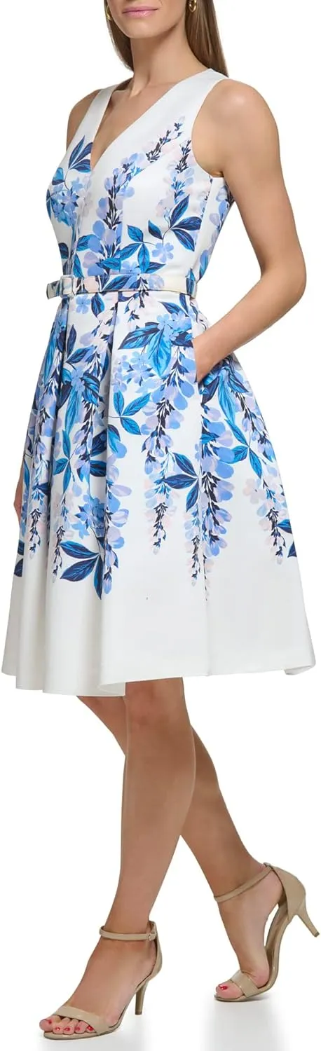 Eliza J Women's Fit and Flare Style Woven Faille Sleeveless Vneck Floral Dress