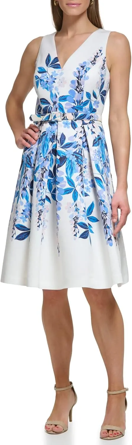 Eliza J Women's Fit and Flare Style Woven Faille Sleeveless Vneck Floral Dress