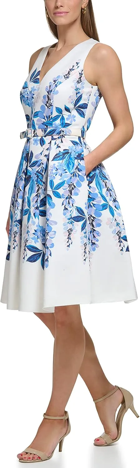 Eliza J Women's Fit and Flare Style Woven Faille Sleeveless Vneck Floral Dress