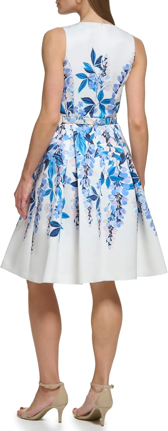 Eliza J Women's Fit and Flare Style Woven Faille Sleeveless Vneck Floral Dress