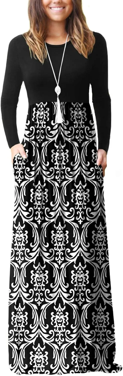 EUOVMY Women's Long Sleeve Loose Maxi Dresses Casual Long Dresses with Pockets