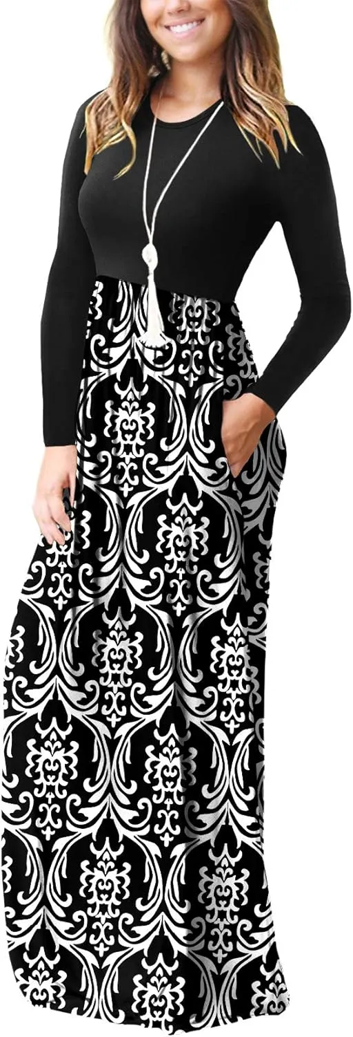 EUOVMY Women's Long Sleeve Loose Maxi Dresses Casual Long Dresses with Pockets