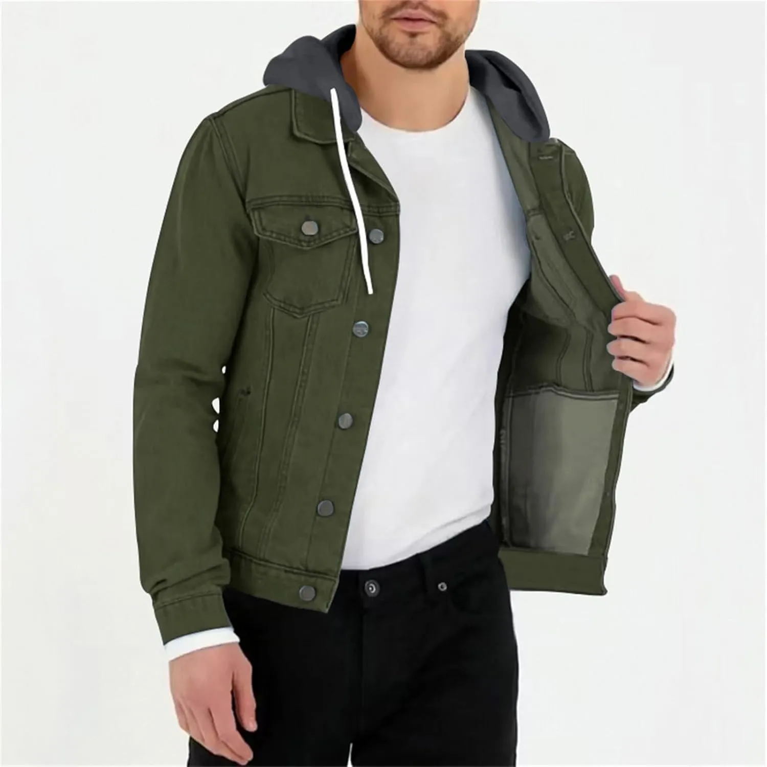 evzosrz Men's Slim Fit Denim Jacket Casual Classic Long Sleeve Hoodies Solid Hooded Trucker Jeans Jacket Coat Outwears