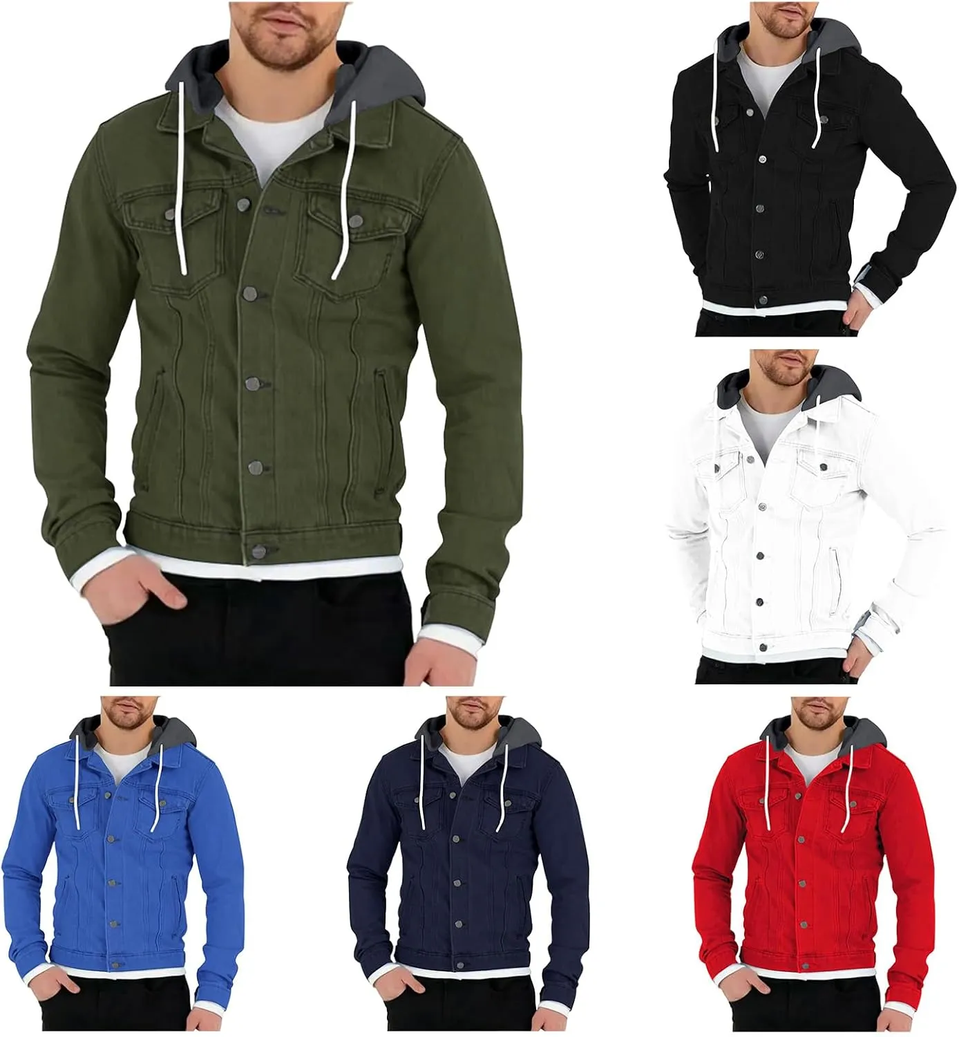evzosrz Men's Slim Fit Denim Jacket Casual Classic Long Sleeve Hoodies Solid Hooded Trucker Jeans Jacket Coat Outwears
