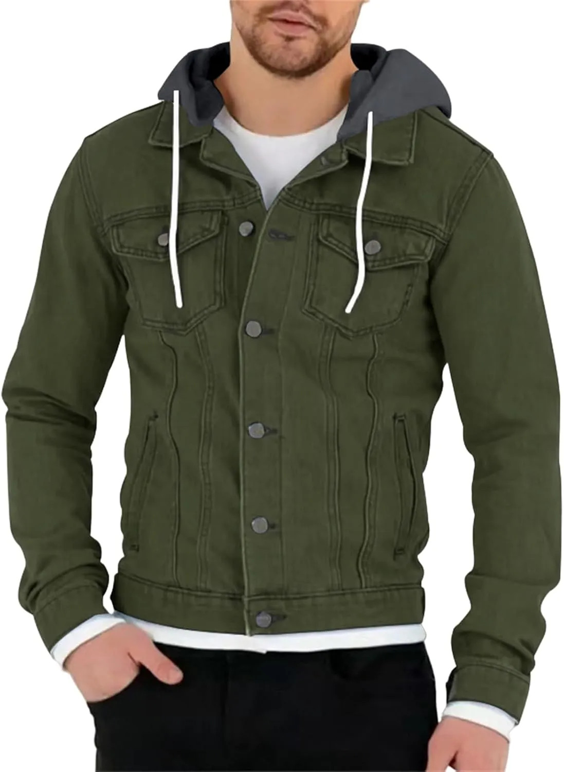 evzosrz Men's Slim Fit Denim Jacket Casual Classic Long Sleeve Hoodies Solid Hooded Trucker Jeans Jacket Coat Outwears