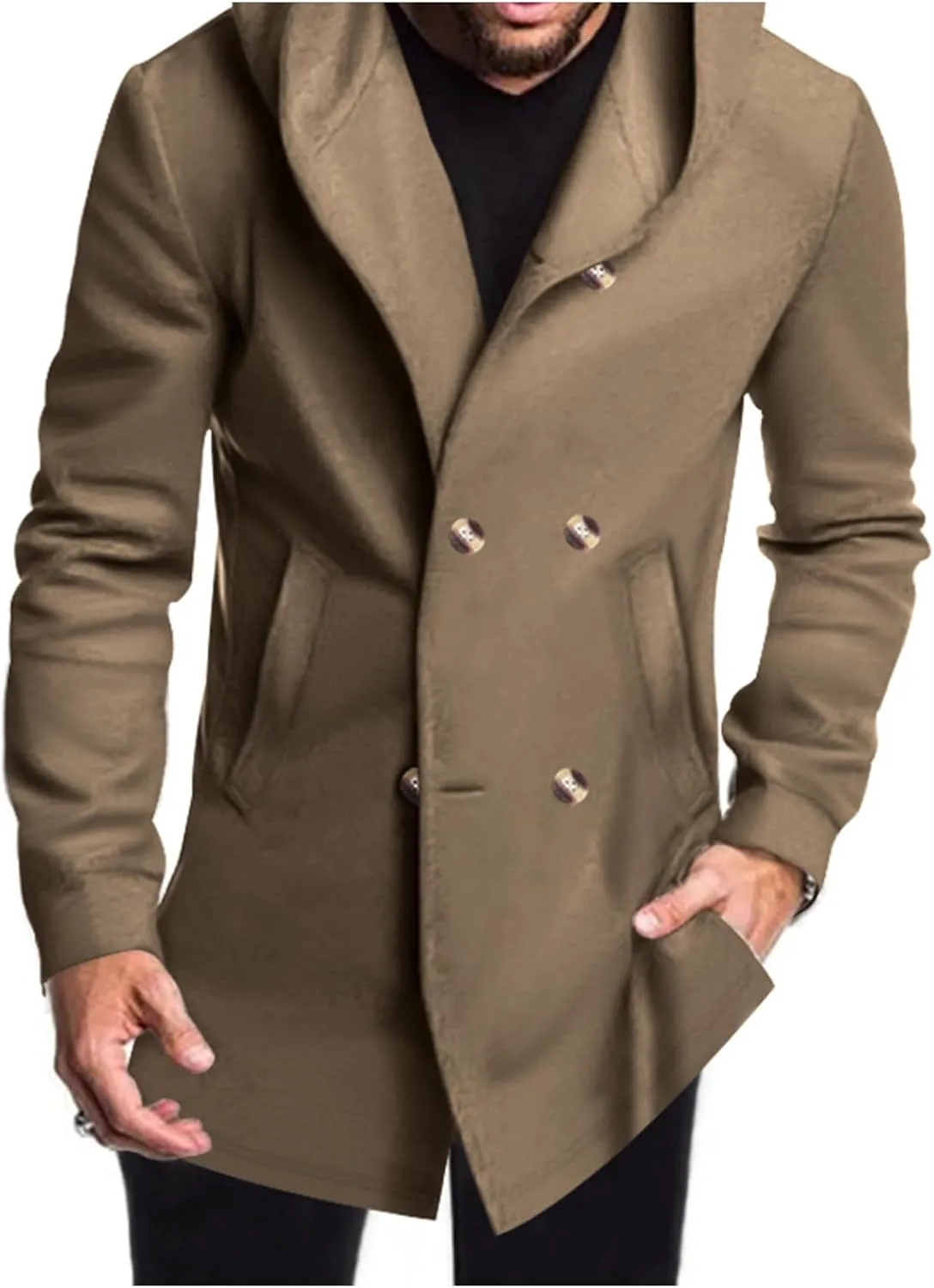 evzosrz Mens Trench Coat with Hood Mid-Length Notched Lapel Double Breasted Pea Coat Windbreaker Overcoat Fashion Hoodies