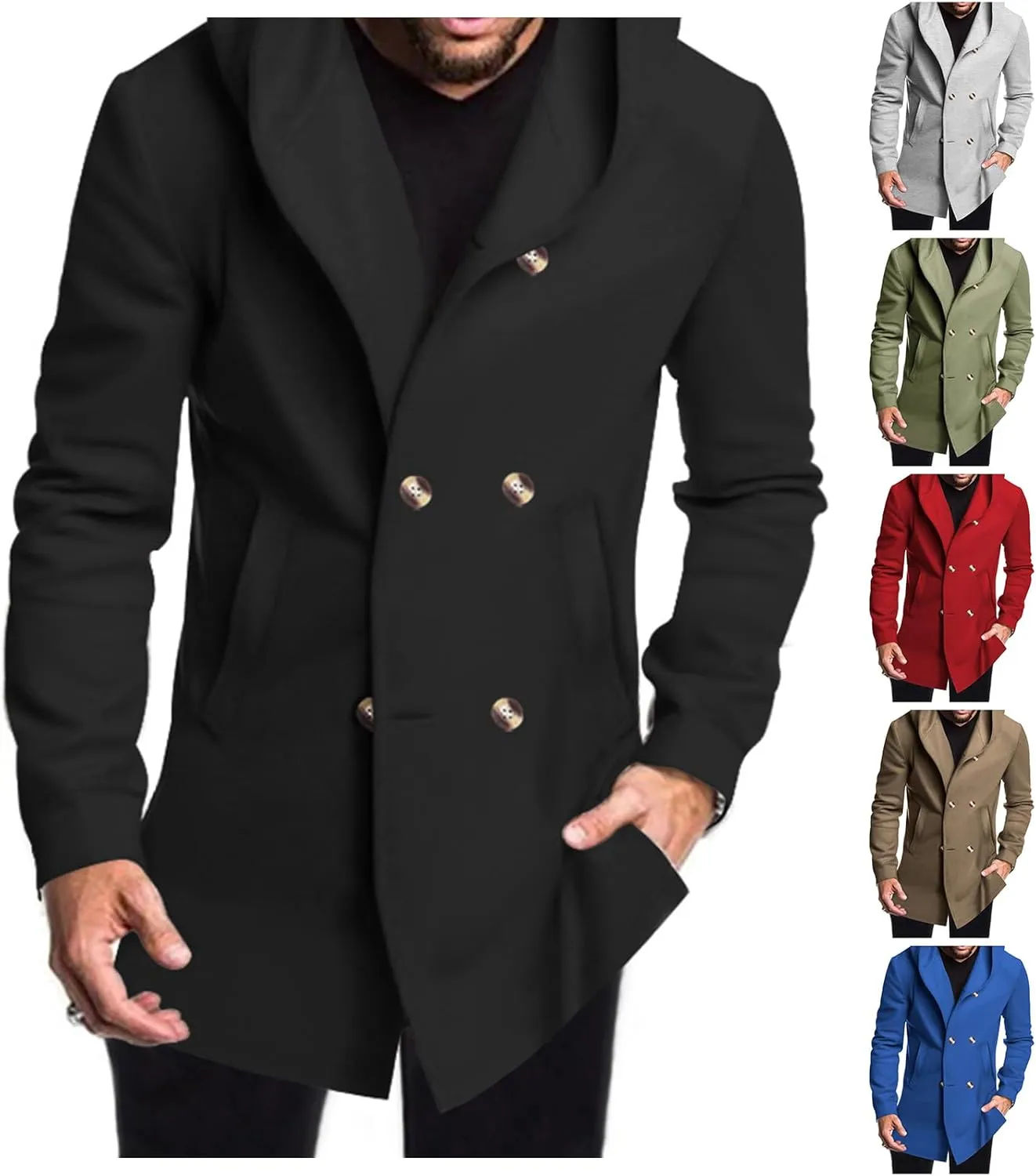evzosrz Mens Trench Coat with Hood Mid-Length Notched Lapel Double Breasted Pea Coat Windbreaker Overcoat Fashion Hoodies