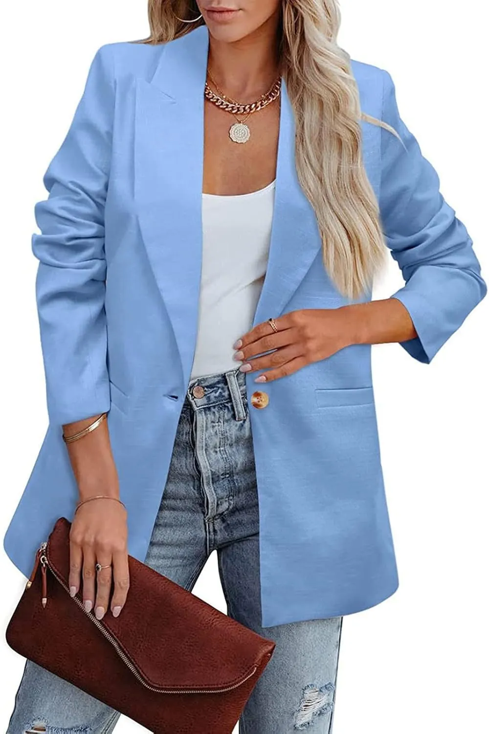 Fall Blazers for Women Business with Pockets Casual Button Cardigan Blazer Long Sleeve Lightweight Work Office Jacket