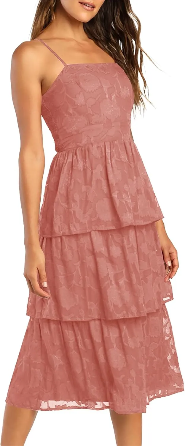 Ferlema Women's 2025 Summer Sleeveless Spaghetti Strap Smocked Tiered Flowy Beach Cocktail Midi Dresses
