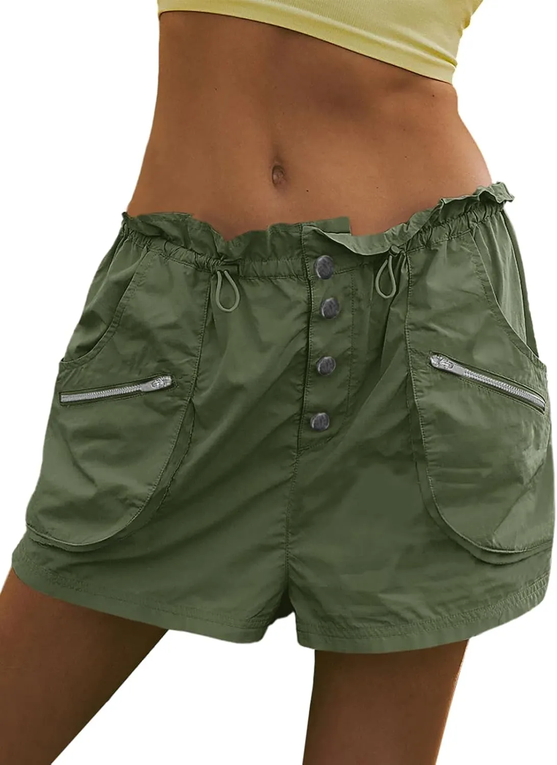 Fisoew Womens Cargo Shorts Relaxed Fit Low Waist Drawstring Hiking Outdoor Shorts with Pockets