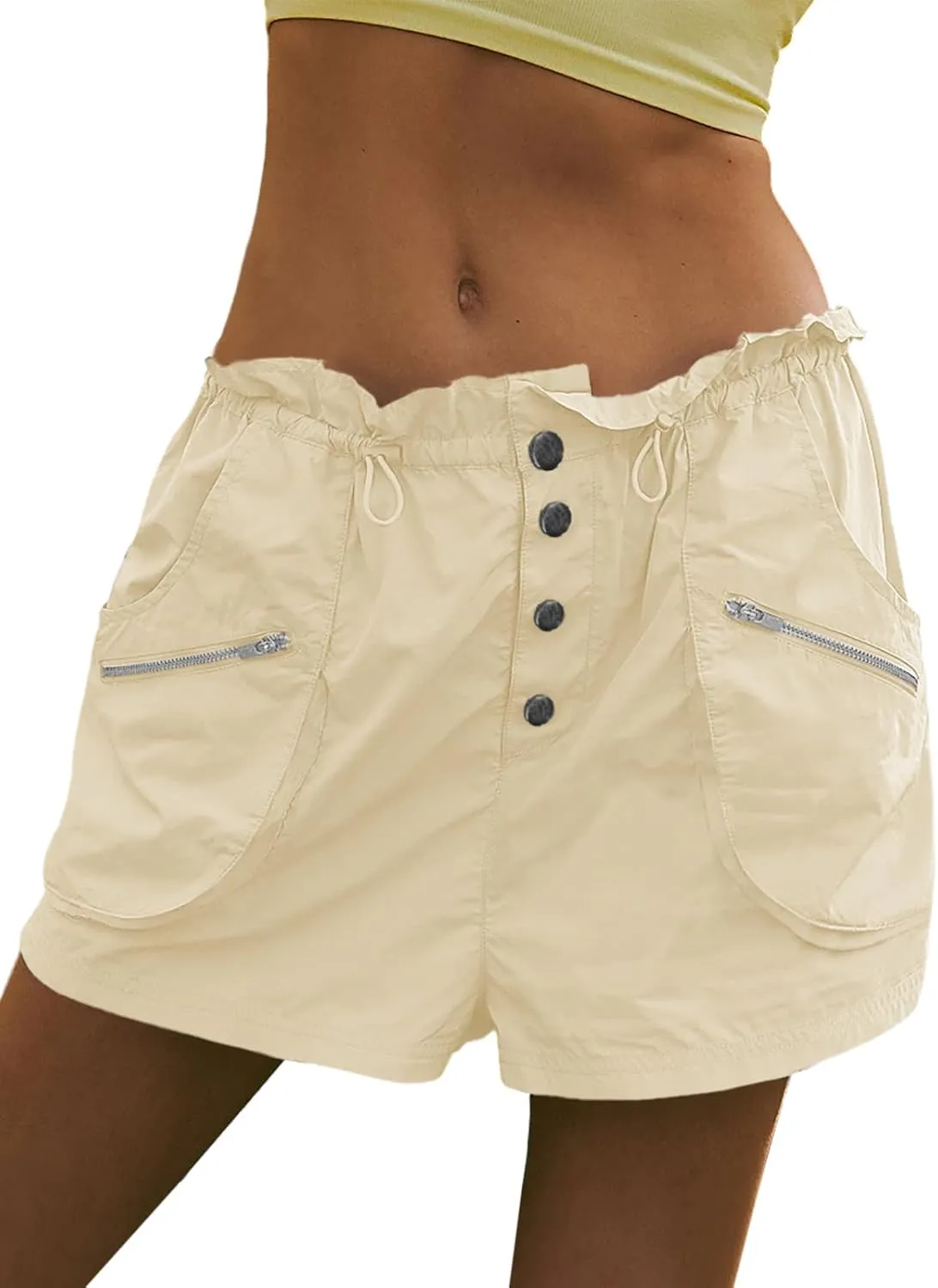 Fisoew Womens Cargo Shorts Relaxed Fit Low Waist Drawstring Hiking Outdoor Shorts with Pockets