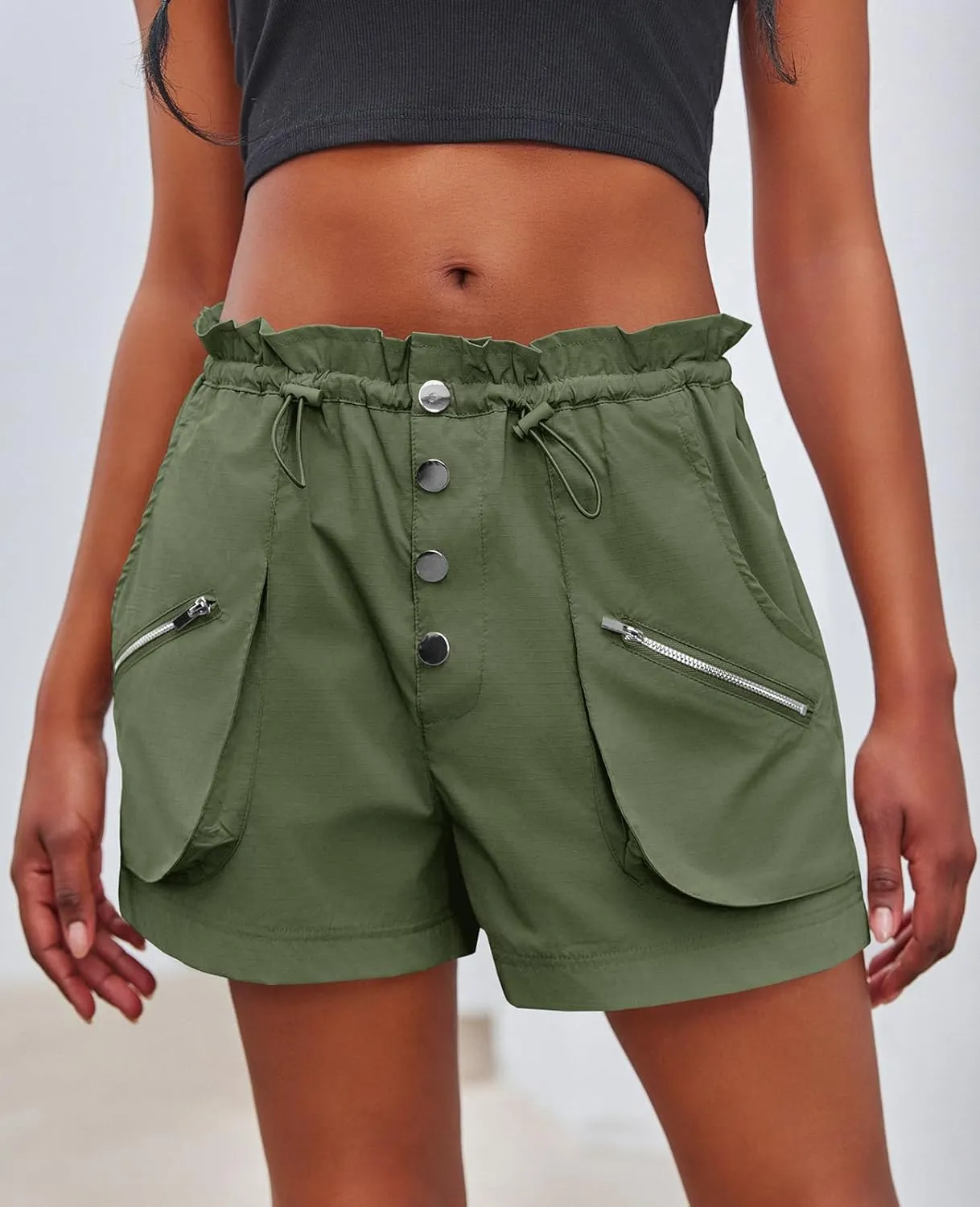 Fisoew Womens Cargo Shorts Relaxed Fit Low Waist Drawstring Hiking Outdoor Shorts with Pockets