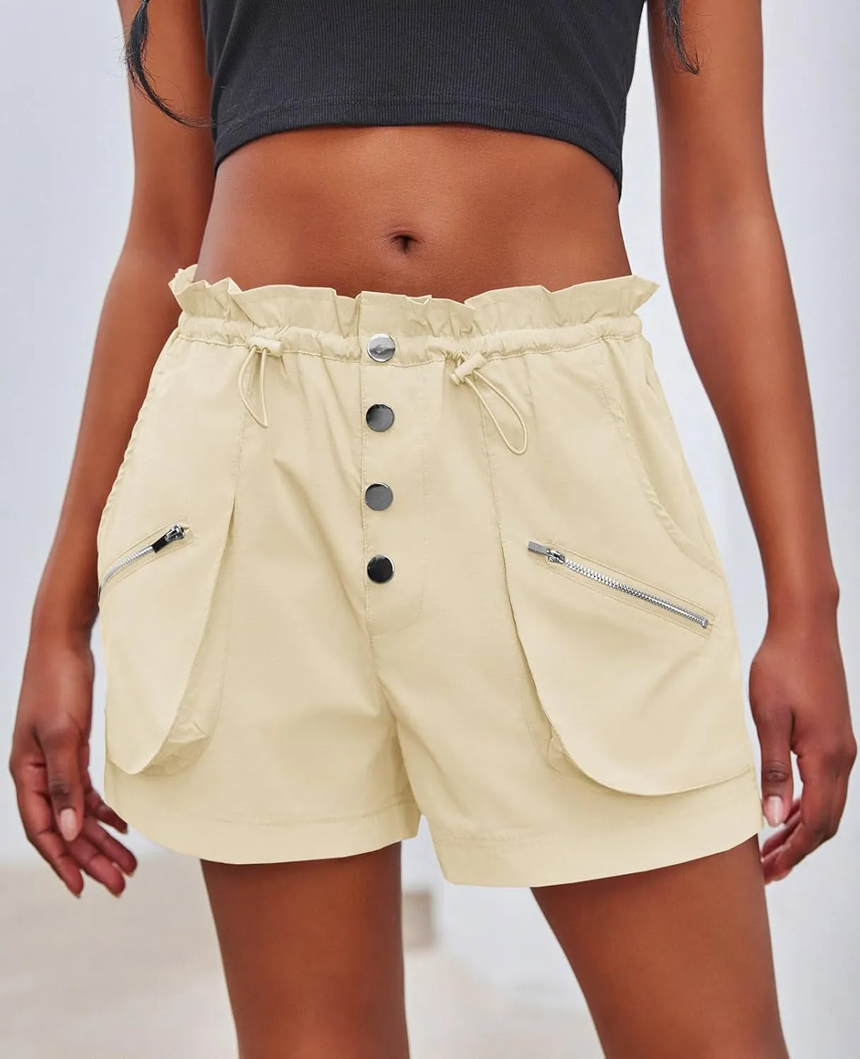 Fisoew Womens Cargo Shorts Relaxed Fit Low Waist Drawstring Hiking Outdoor Shorts with Pockets