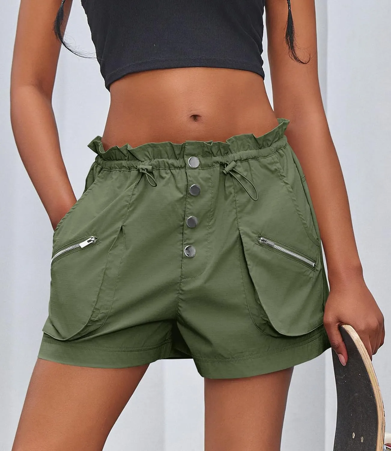 Fisoew Womens Cargo Shorts Relaxed Fit Low Waist Drawstring Hiking Outdoor Shorts with Pockets