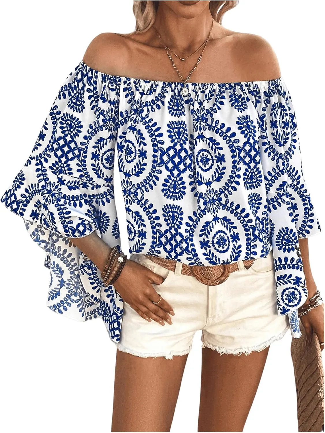 Floerns Women's Boho Off Shoulder 3/4 Bell Sleeve Summer Blouse Top
