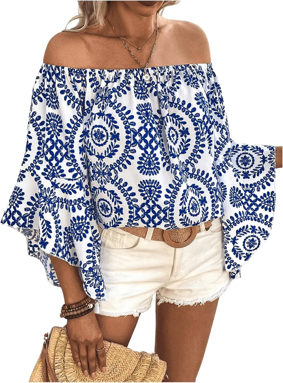 Floerns Women's Boho Off Shoulder 3/4 Bell Sleeve Summer Blouse Top