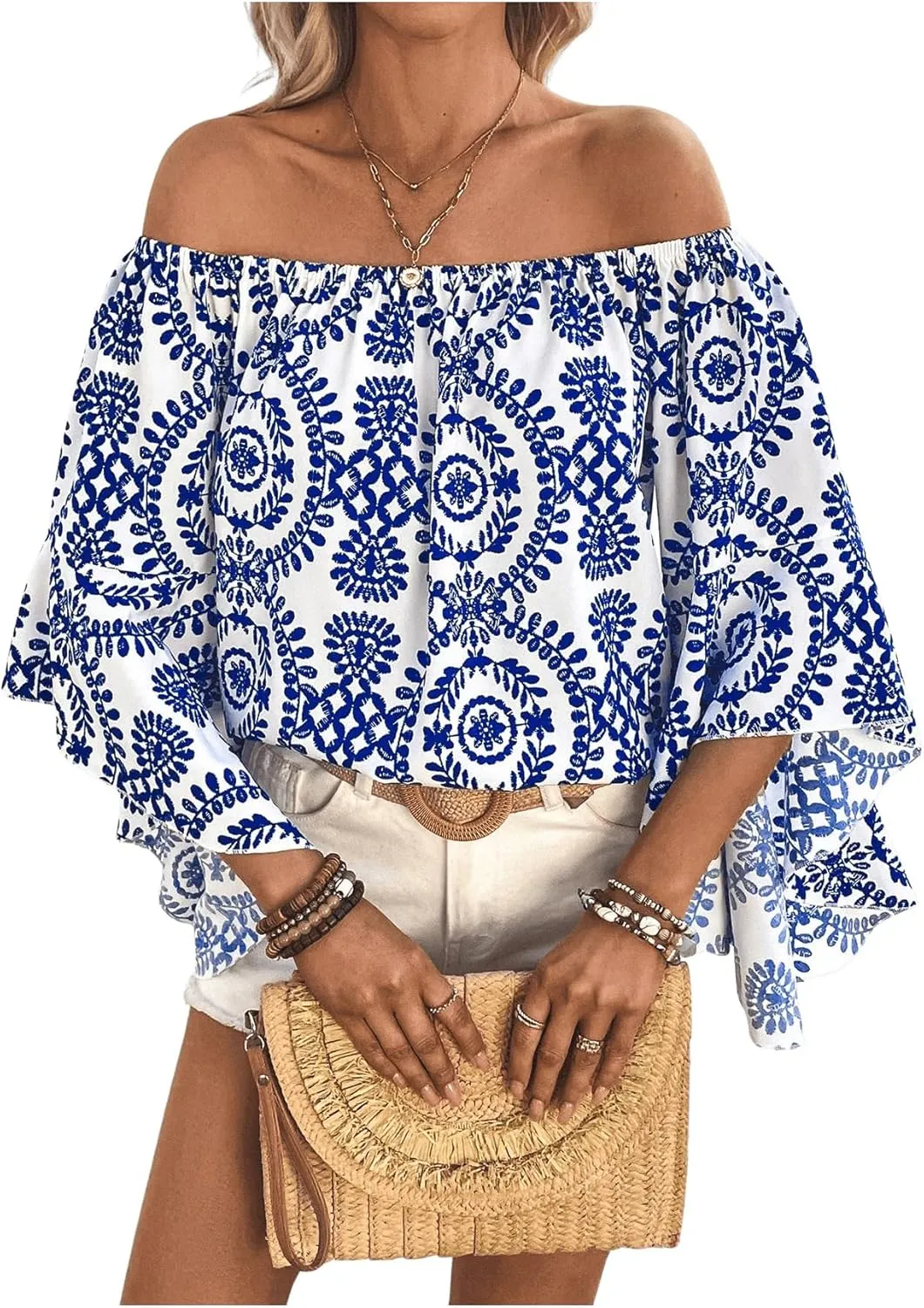 Floerns Women's Boho Off Shoulder 3/4 Bell Sleeve Summer Blouse Top