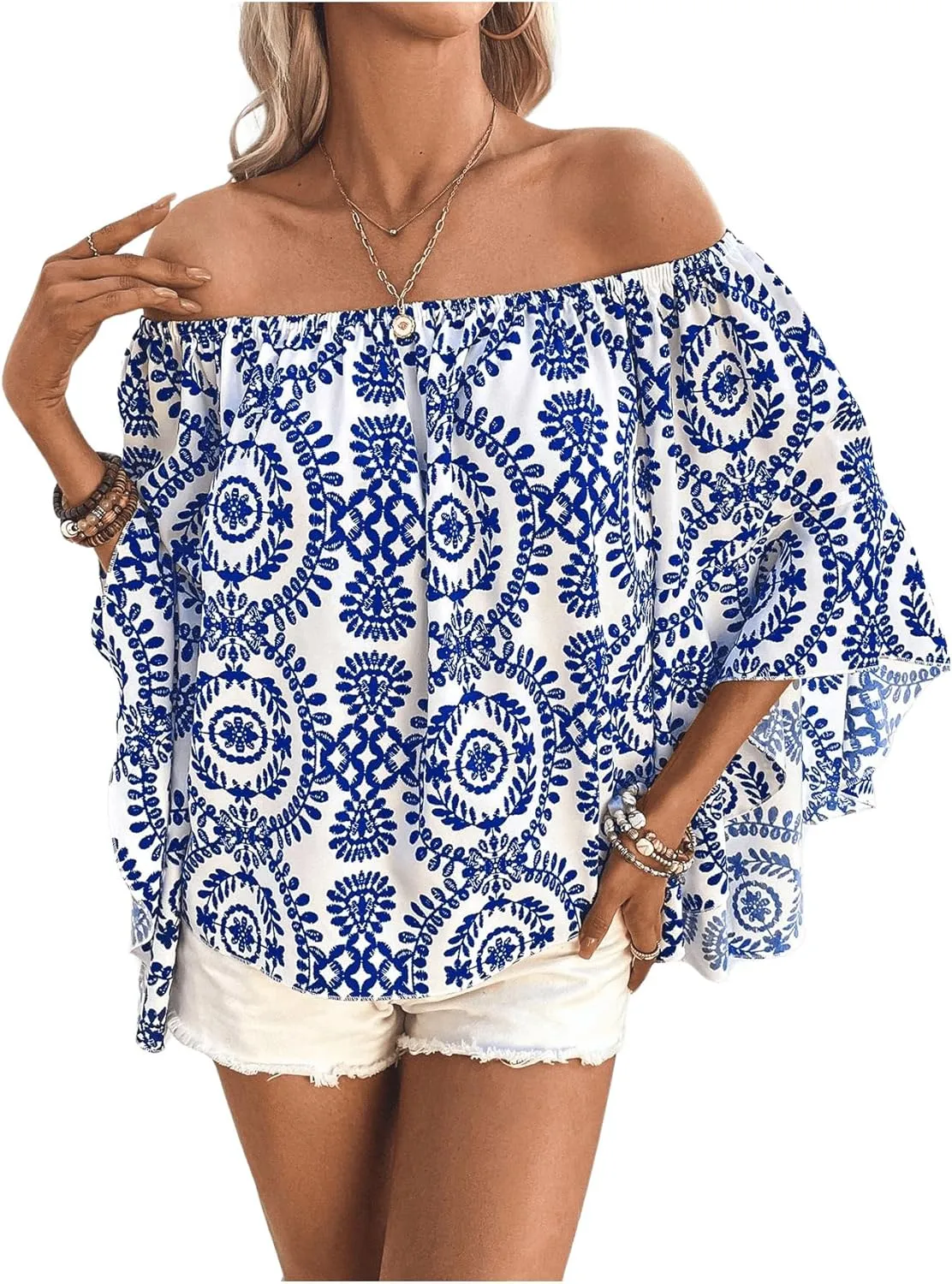 Floerns Women's Boho Off Shoulder 3/4 Bell Sleeve Summer Blouse Top