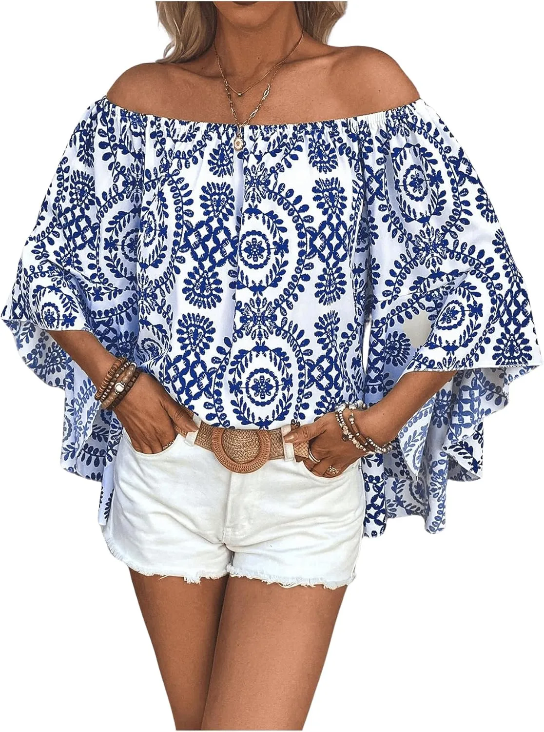 Floerns Women's Boho Off Shoulder 3/4 Bell Sleeve Summer Blouse Top